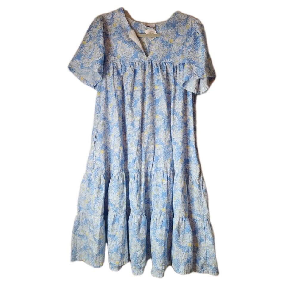 National‎ Blue Daisy Floral Short Sleeve Tiered Lounge Dress Size S 60/40 Cotton